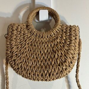 CROSSBODY Woven Tan Handbag Metal Hardware Interior Pouch with Drawstring